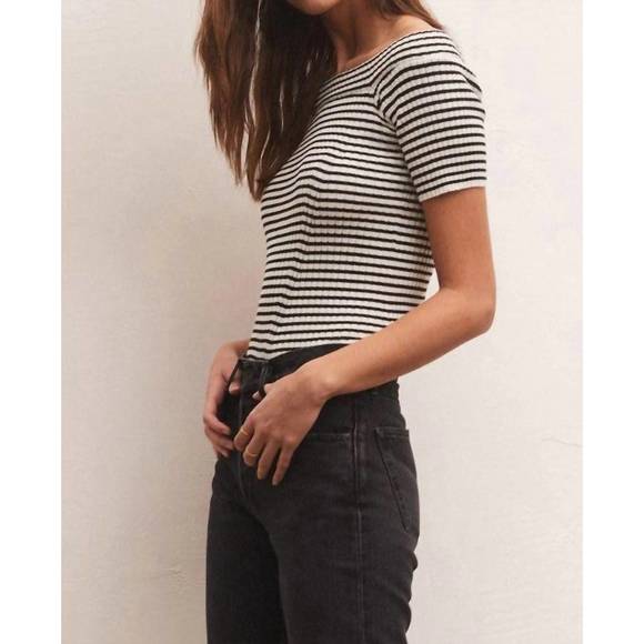 NEW Z SUPPLY birdie off shoulder stripe top in black/sandstone - Picture 3 of 4
